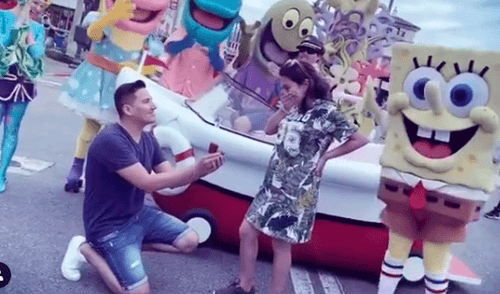 Pedro Loli se vistió de Bob Esponja y pidió matrimonio a Fiorella Méndez [VIDEO]