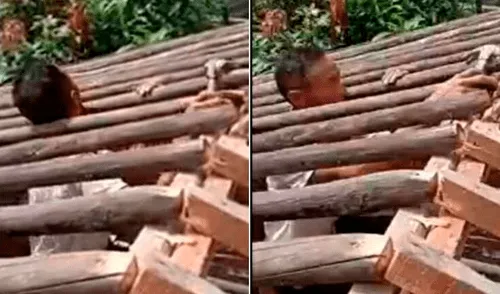 Construía un techo de madera y su cabeza queda atrapada entre los troncos
