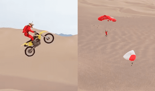 Facebook: salva a su moto con un paracaídas tras espectacular salto en el desierto [VIDEO]