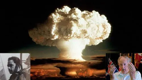 El piloto de la RAF, Eric Denson (izquierda), el marinero David Hemsley (derecha) y la explosión de la primera bomba atómica de Reino Unido, Ivy Mike (centro).
