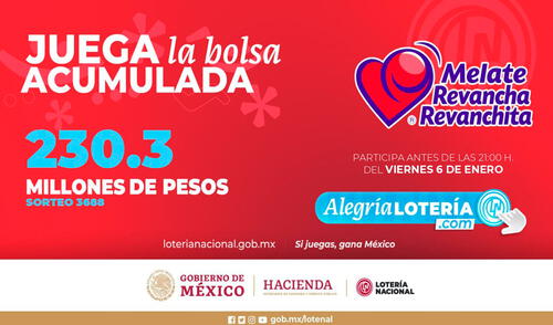 Sorteo Melate Nro. 3688 tiene una bolsa acumulada de 230,300,000 millones de pesos. Foto: Melate/ Lotería Nacional Sorteo Melate: Resultados de la Lotería Nacional HOY 06 de enero EN VIVO
