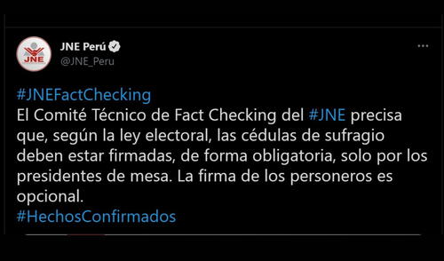 El pronunciamiento fue emitido por el Comité Técnico de Fact Checking del JNE. Foto: Captura de Twitter / JNE JNE: solo es obligatorio que las cédulas estén firmadas por presidentes de mesa