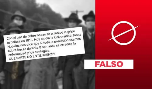 Es falso que el uso de las mascarillas erradicó la ‘gripe española’ en 1918. Foto: plantilla de Verificador de La República / captura en Facebook.