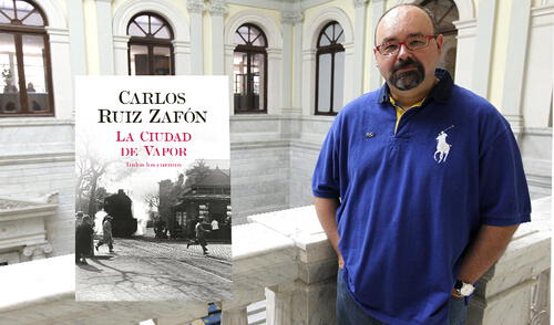 Recordado escritor español Carlos Ruiz Zafón. Al lado, portada de su libro póstumo.