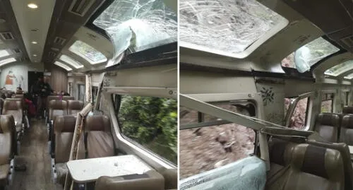 Algunas ventanas y la parte superior del tren de PeruRail fueron las más perjudicadas. Algunas ventanas y la parte superior del tren de PeruRail fueron las más perjudicadas.