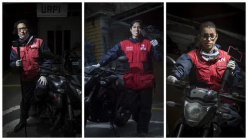 Grace Mora, Jessica Merino y Karla Cruz, tres de las videoreporteras de la Unidad de Respuesta Periodística Inmediata (URPI) que informaron desde las calles las incidencias de la pandemia en tiempo real. Foto: Jorge Cerdán Reporteras URPI