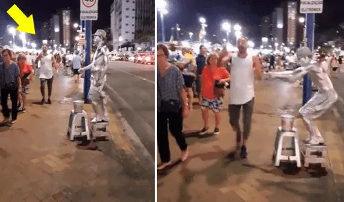 Facebook viral: estatua humana asusta a joven distraído con su celular y este tiene divertida reacción [VIDEO]