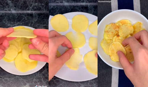 Desliza las imágenes para conocer un poco más sobre la preparación de estas papitas fritas saludables. Foto: captura de TikTok/@joseehidalgoi TikTok viral: peruano enseña a preparar Papas Lays caseras en poco tiempo y sin usar sartén