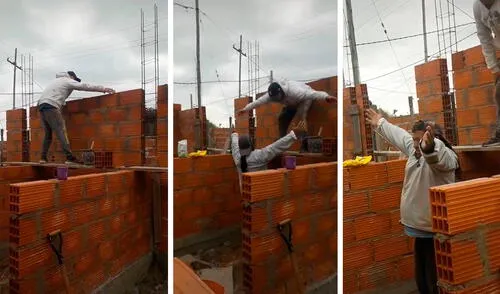 Al principio, los trabajadores tuvieron inconvenientes con su improvisada técnica y trataron de tomarlo con buen humor. Foto: composición LR/TikTok/@eduelminigreen TikTok viral: albañiles se olviden su wincha, pero usan sus brazos para medir y continuar con la construcción