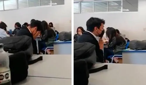 Un joven mostró el preciso momento en que su compañero se arrodilló y juntó sus manos para decir la oración en plena clase. Foto: composición LR/Facebook/Movimiento Estudiantil 60 - 4 Facebook viral: alumno reza el Padre Nuestro por petición de su profesor y escena genera controversia en redes