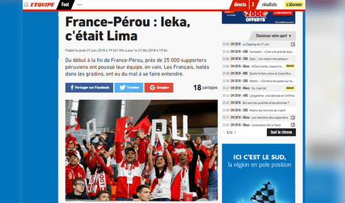Diario francés L’Equipe sorprendido con el aliento de los hinchas de Perú