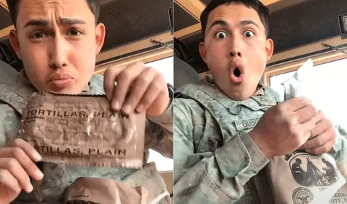 El hombre quedó sorprendido al ver unas grajeas de chocolates vencidas. Foto: joejoe7711 / TikTok ¿A qué sabe la comida militar? Soldado prueba y muestra los diferentes sobres que recibe