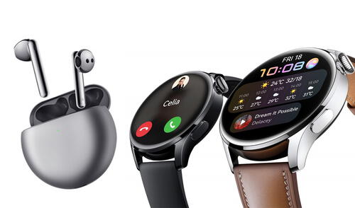 Así lucen los FreeBuds 4 y el Watch 3. Foto: Huawei Huawei presenta su nuevo reloj inteligente Watch 3 y sus audífonos FreeBuds 4