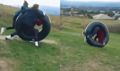 YouTube viral: chico se sube a llanta para lanzarse desde elevada colina y pasa esto [VIDEO]