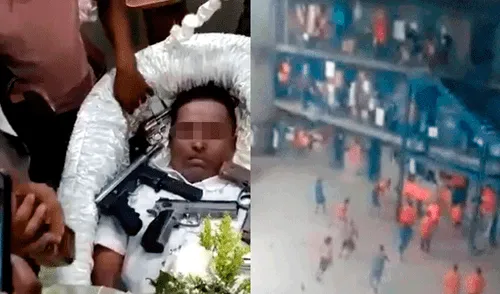 Ataúd de exreo asesinado fue adornado con pistolas y botellas de whisky. Fuente: Composición