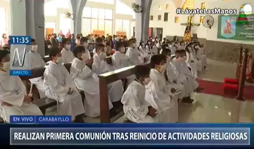 Niños pudieron realizar su primera comunión cumpliendo protocolos de bioseguridad. Foto: Captura Canal N