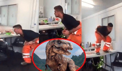 Facebook viral: aprovecha su hora de almuerzo para imitar a dinosaurio y hacer reír a sus amigos [VIDEO]
