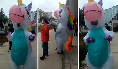 Una joven peruana llamó la atención de todos los presentes en las instalaciones del colegio Alfonso Ugarte, debido a que vistió un singular traje. Foto: captura de Facebook Facebook viral: joven acude a su centro de votación disfrazada de unicornio para las Elecciones 2021