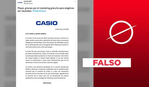 No, Casio no ha emitido un comunicado desmintiendo a Gerard Piqué sobre patrocinio. Foto: composición Verificador No, Casio no ha emitido un comunicado desmintiendo a Gerard Piqué sobre patrocinio. Foto: composición Verificador