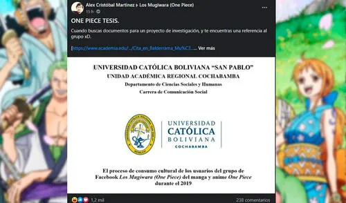 La tesis sobre el anime creado por Eiichiro Oda fue presentada en la Universidad Católica Boliviana ‘San Pablo'. Foto: Captura/Facebook/Los Mugiwara