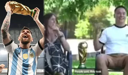 Messi dio la vuelta olímpica con una copa falsa que pertenecía a dos hinchas que estaban en las tribunas. Foto: composición/captura TikTok @infiniti3040 Lionel Messi, copa falsa durante celebración Mundial