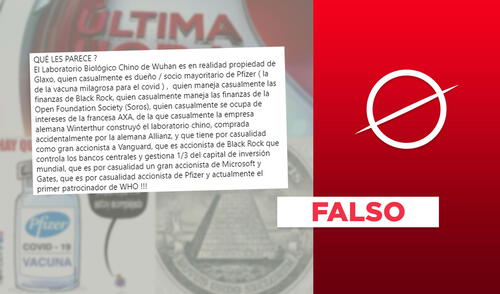 El post que relaciona el laboratorio de Wuhan con las farmacéuticas Glaxo y Pfizer es falso. Foto: plantilla de Verificador de La República, captura en Facebook.