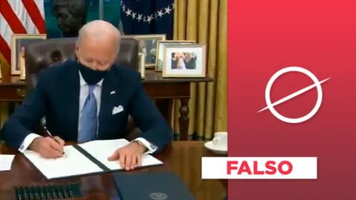 Es falso que Joe Biden haya firmado papeles en blanco el primer día de su mandato. Foto: composición LR / captura de pantalla