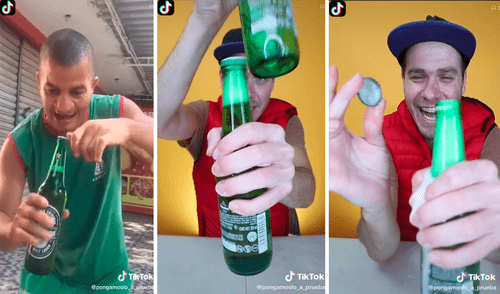 Un joven enseña que el ingenio puede sacarte de un apuro al abrir una botella. Foto: captura de TikTok