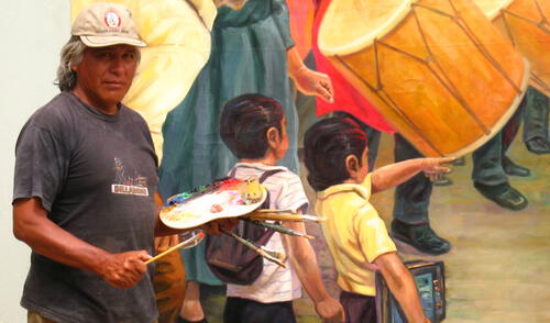 El maestro Augusto Capcha Rosales cuando estaba pintando el mural dedicado a José María Arguedas. El maestro Augusto Capcha Rosales cuando estaba pintando el mural dedicado a José María Arguedas.