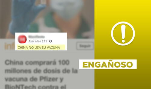 Es engañoso el post que dice “China no usa su vacuna” contra la COVID-19. Foto: plantilla de Verificador de La República / captura en Facebook