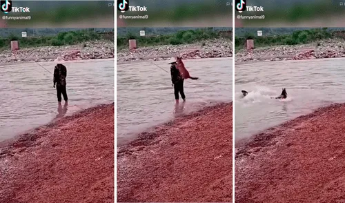 El hombre no imaginó que una tranquila tarde de pesca lo dejaría empapado por completo. Foto: captura de TikTok