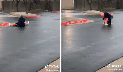 La joven intentó en varias ocasiones ponerse de pie, pero la pista estaba muy resbalosa. Foto: captura de TikTok La joven intentó en varias ocasiones ponerse de pie, pero la pista estaba muy resbalosa. Foto: captura de TikTok