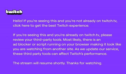 Twitch no tolerará más a las herramientas web para ocultar anuncios publicitarios y mostrará un molesto anuncio de color morado por la duración que omitas. Foto: Twitch