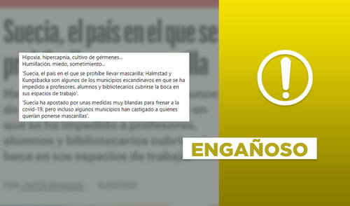 La publicación sobre la prohibición de las mascarillas en Suecia es engañosa. Foto: plantilla de Verificador de La República/captura en Facebook