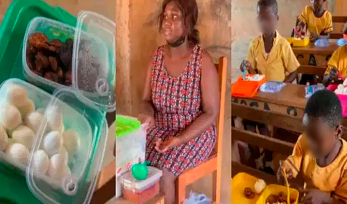 La profesora dona comida a sus alumnos durante sus clases en un colegio de Ghana. Foto: captura de Facebook / Abenah Serwaah