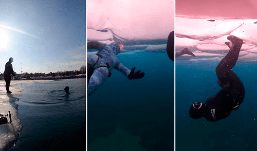 Los jóvenes desafiaron las frías aguas de un lago para jugar al futbol de cabeza. Foto: captura de TikTok