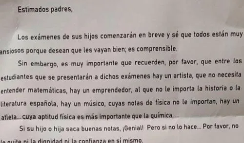 El director de un colegio español escribió un extenso mensaje dedicado a los padres, con la intención de que alienten a sus hijos durante los exámenes. Foto: Twitter