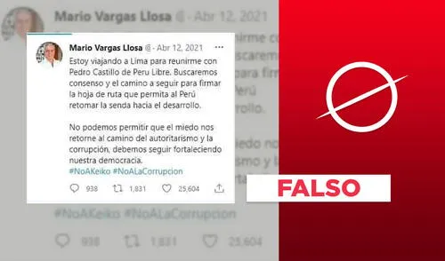 Es falso el tuit de Vargas Llosa buscando reunirse con Pedro Castillo tras las elecciones de 2021. Foto: plantilla de Verificador de La República/captura en Facebook Es falso el tuit de Vargas Llosa buscando reunirse con Pedro Castillo tras las elecciones de 2021. Foto: plantilla de Verificador de La República/captura en Facebook