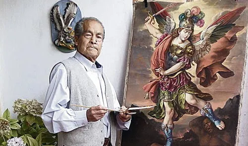 Pintor. Víctor Vivero Holgado conserva la técnica de la pintura de la escuela cusqueña. Foto: difusión