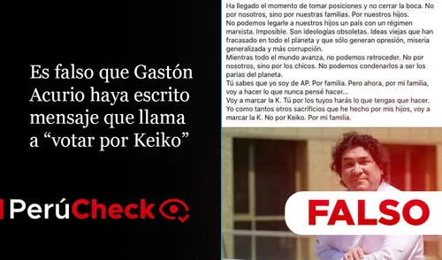 Es falso que Gastón Acurio haya escrito mensaje que llama a “votar por Keiko”. Foto: composición PerúCheck Es falso que Gastón Acurio haya escrito mensaje que llama a “votar por Keiko”. Foto: composición PerúCheck