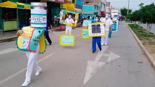 Personal de salud y sociedad civil participó en pasacalle para prevenir la COVID-19 en Cayaltí. Foto: difusión