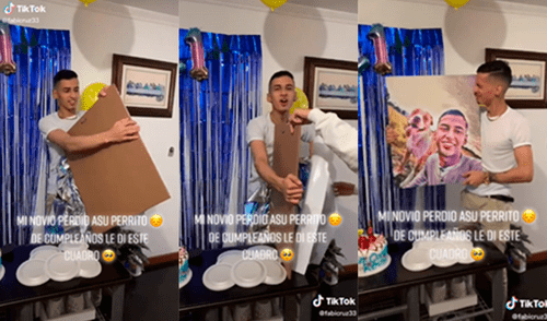 El hombre no pudo contener el llanto al recibir el cuadro con una imagen de él junto a su difunta mascota. Foto: captura de TikTok