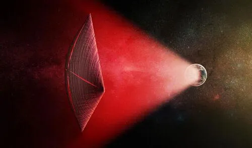 Ilustración de una vela impulsada por rayos láser generados en la superficie terrestre. Imagen: M. Weiss/CfA