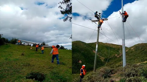 Tras una hora de caminata, personal instaló postes para mejorar energía eléctrica en Cañaris. Fotos: ENSA.