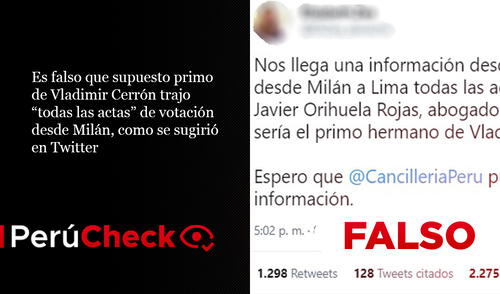 No, supuesto “primo de Vladimir Cerrón” no trajo “todas las actas” de votación desde Milán. Foto: composición PerúCheck