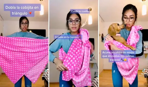 Una joven mostró el sencillo método para envolver a un perrito con una frazada, con el objetivo de llevarlo cargado a todos lados. Foto: captura de TikTok Una joven mostró el sencillo método para envolver a un perrito con una frazada, con el objetivo de llevarlo cargado a todos lados. Foto: captura de TikTok