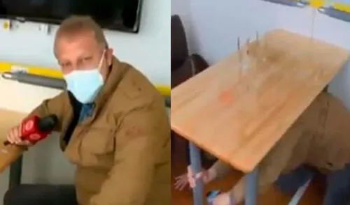 El periodista Gunter Rave se colocó debajo de la mesa debido a la fuerte intensidad del simulacro realizado por INDECI. Foto: captura de Canal N
