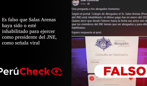 Es falso que Salas Arenas haya sido o esté inhabilitado para ejercer como presidente del JNE, como señala viral. Foto: composición PerúCheck. Es falso que Salas Arenas haya sido o esté inhabilitado para ejercer como presidente del JNE, como señala viral. Foto: composición PerúCheck.