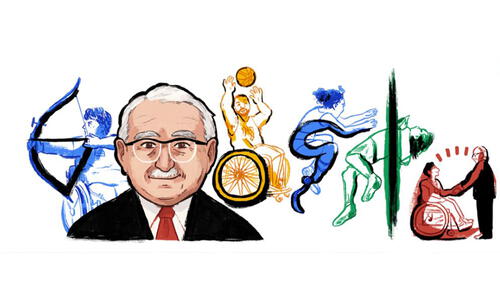 En la animación de la jornada se aprecia una ilustración de Guttmann junto a algunas disciplinas que promovió en personas con discapacidad. Foto: captura Google