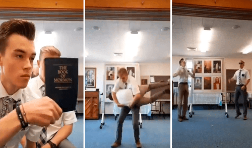 Dos jóvenes mormones se convirtieron en los protagonistas de varios videos virales para predicar su religión de manera original. Foto: captura de TikTok